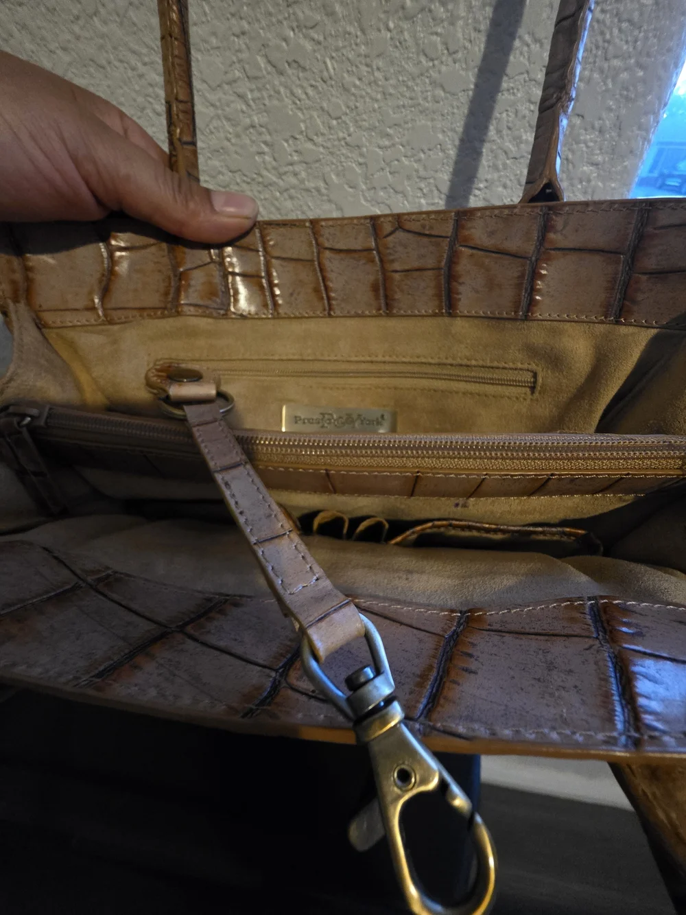 Preston & York Croc-Embossed Brown Shoulder Tote with Gold Turn-Lock
